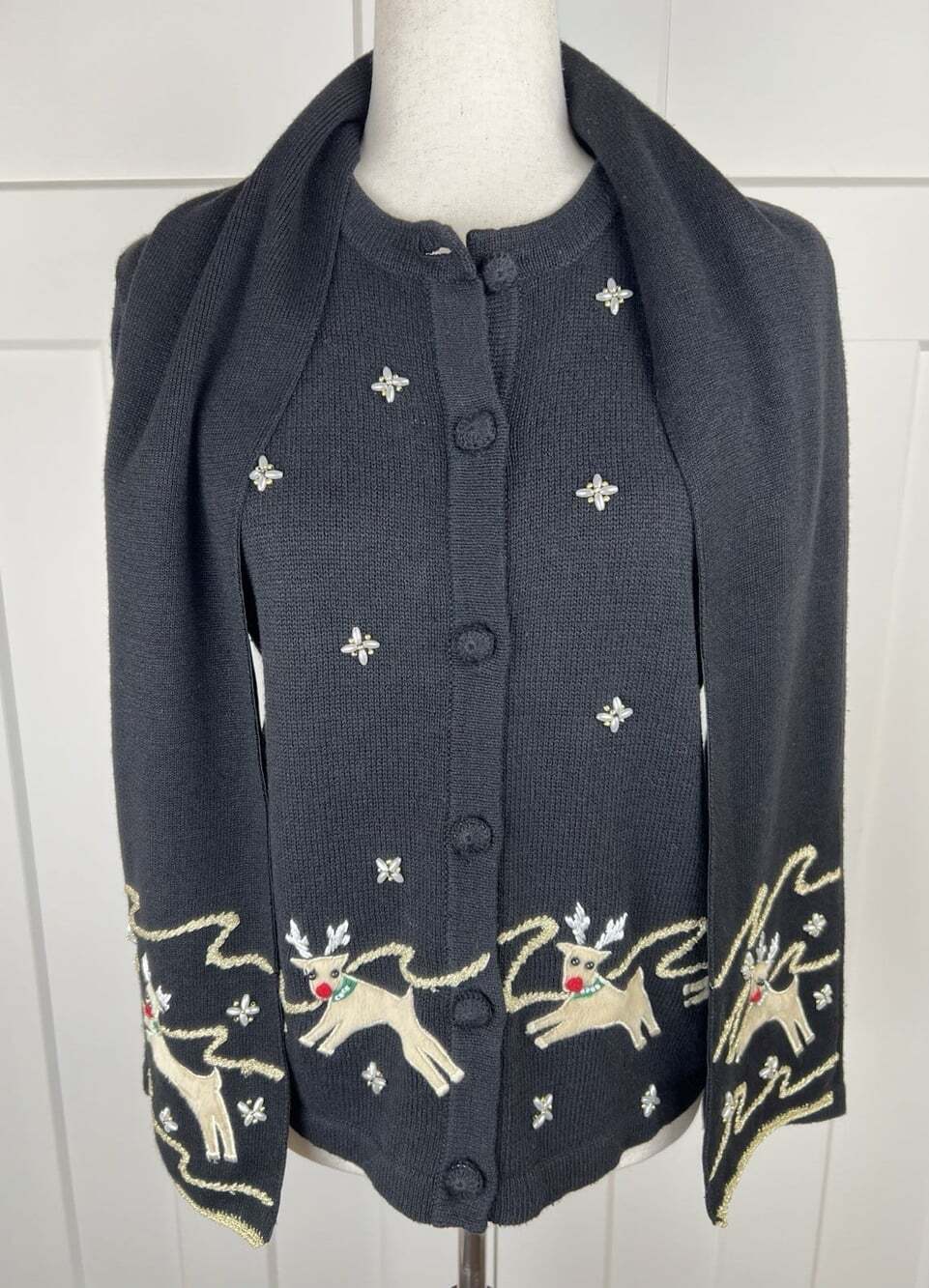 Vintage Lemon Grass Christmas Cardigan PS Rudolph Reindeer Scarf Beaded Holiday